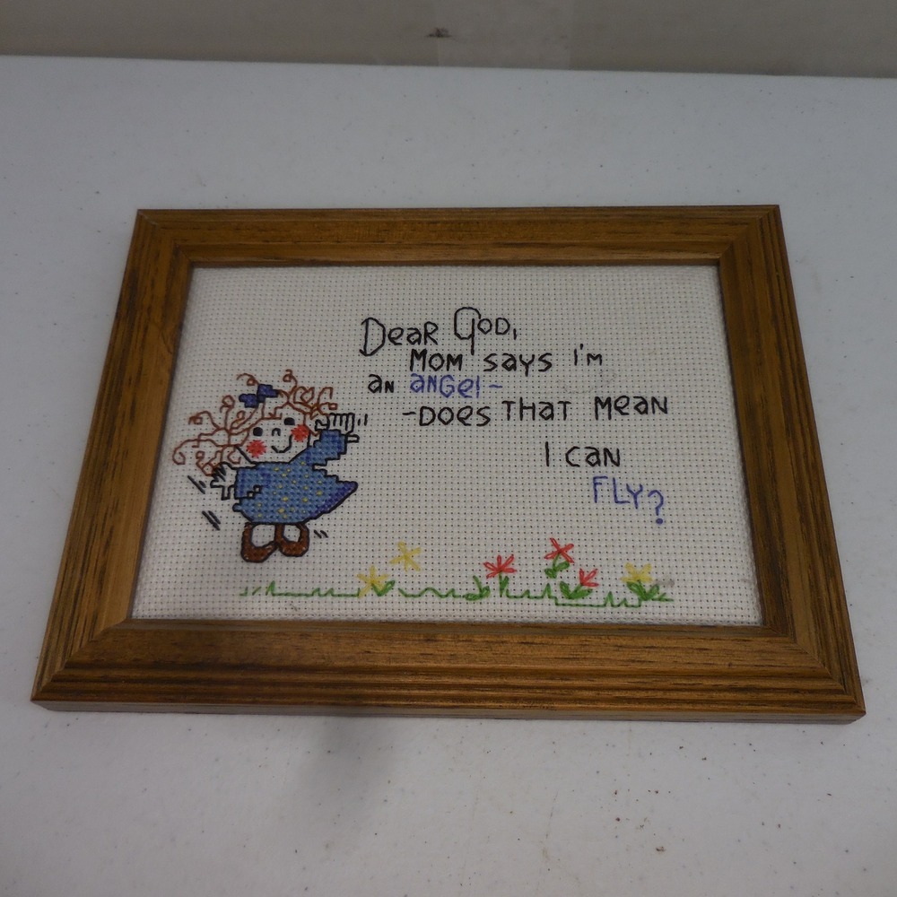 Vintage Cross Stitch Framed Wall Art Dear God Mom Says Im An Angel Nursery Decor